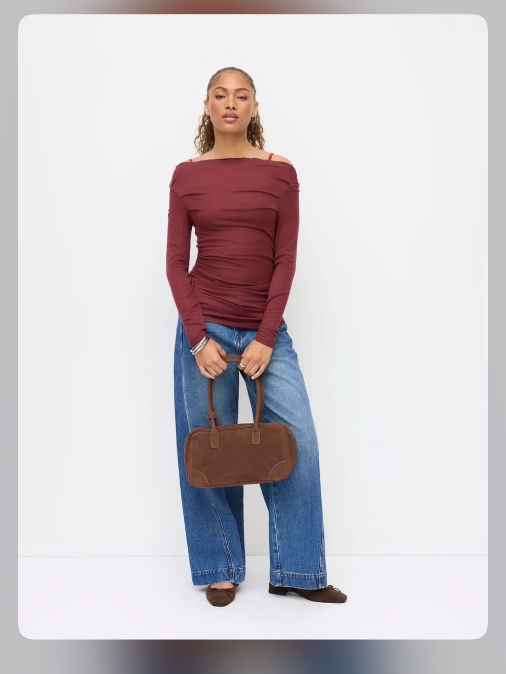WOOL-BLEND OFF-SHOULDER LONG SLEEVE RUCHED TOP M WC11-36